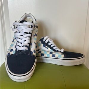 Vans Old Skool Blue and White Checkerboard Sneakers.